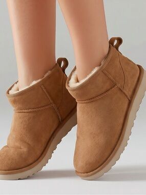 UGG low top faux fur tan leather suede slip on ankle boots sz 7